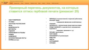 Перечень документов для которых используется печать для документов